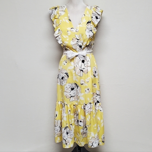 Eliza J Yellow Floral Flutter Sleeve Lace Tie-Waist Midi Summer Dress 8 - Picture 2 of 13